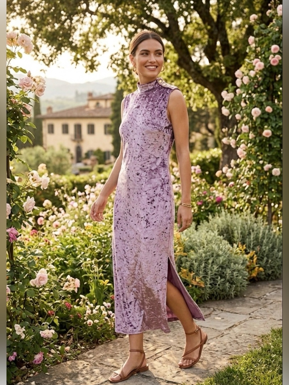 New Michael Kors Purple Crushed Velvet Sleeveless High Neck Midi Dress